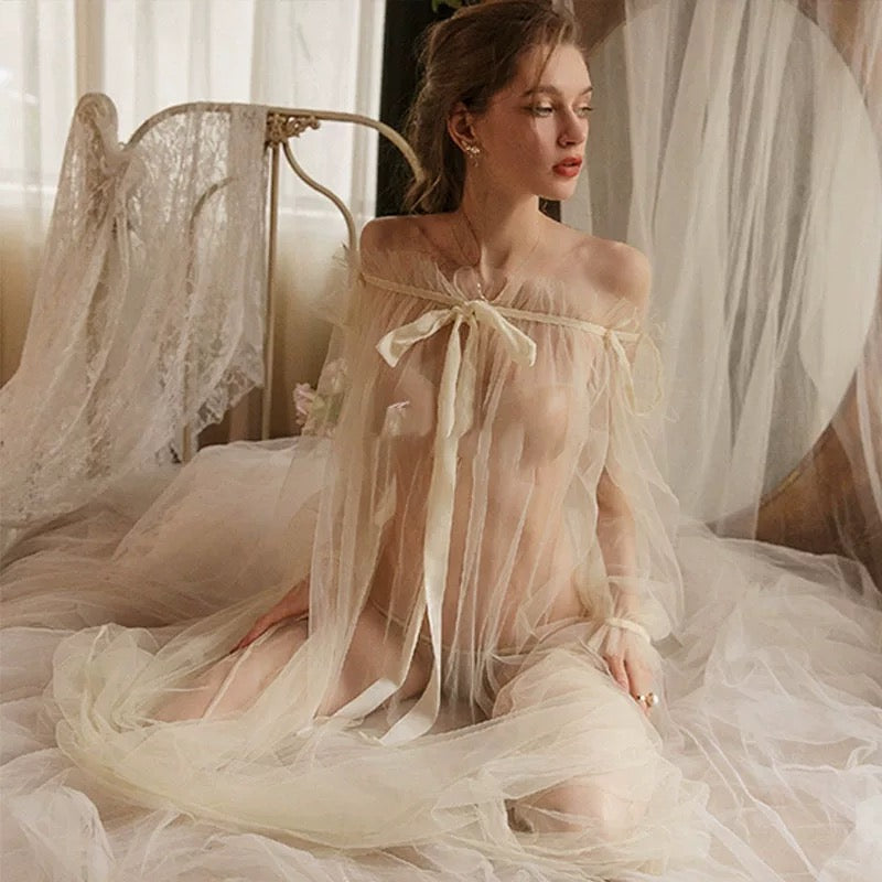 Moon Veil Sexy Sheer Mesh Nightdress Set – See-Through Slip Lingerie for Plus Size