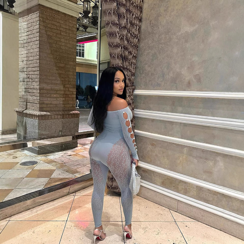 Sexy Leopard Jacquard Bodysuit with Pearl Mesh Design