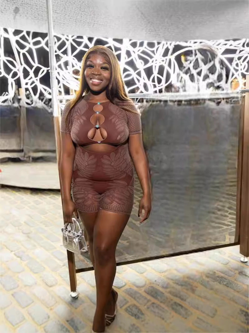 Solid Color Cut-Out Bodycon Knit Romper with Crew Neck and Elbow SleevesSolid Color Cut-Out Bodycon Knit Romper with Crew Neck and Elbow Sleeves