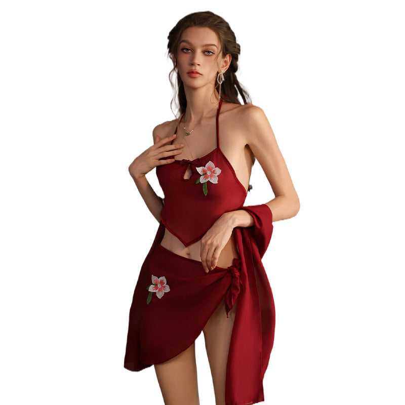 Sexy Embroidered Halter Lingerie Set for Intimate Nightwear Temptation
