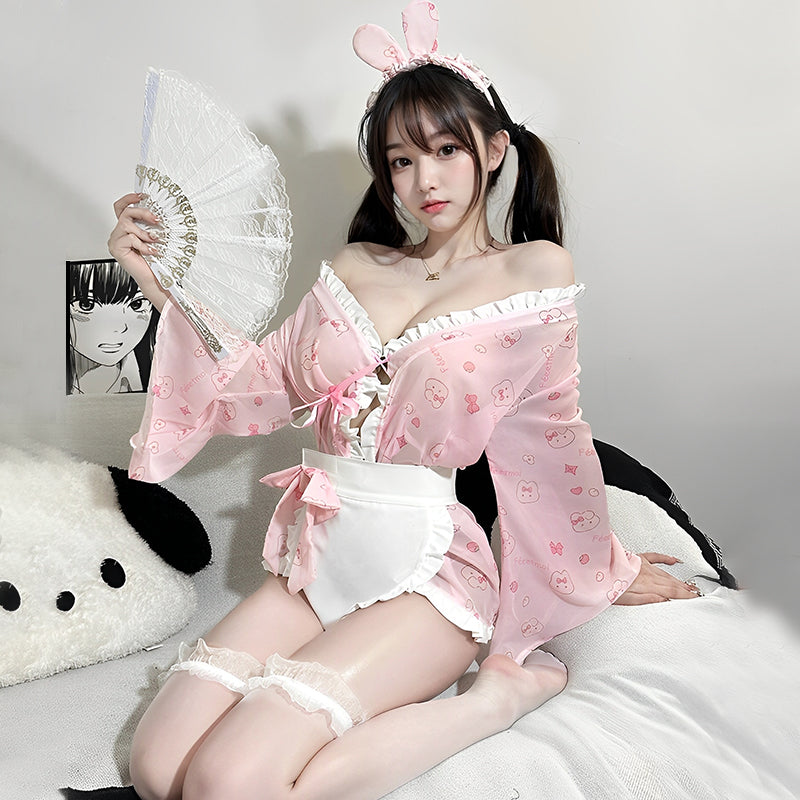Sexig japansk mönstrad kimono kaninflicka städerska underkläder kostym set