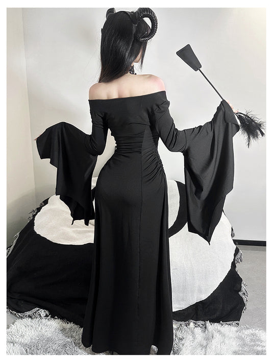 Mörk gotisk stil svart långärmad klänning sexig Halloween-outfit
