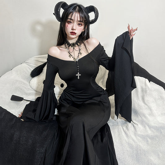 Mörk gotisk stil svart långärmad klänning sexig Halloween-outfit