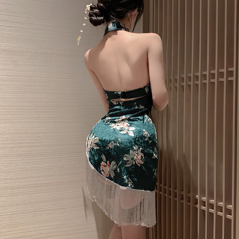 Moonlit Cheongsam Backless Split Bodycon Dress – Elegant Floral Lingerie