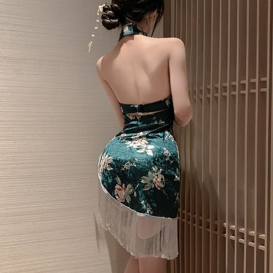 Moonlit Cheongsam Backless Split Bodycon Dress – Elegant Floral Lingerie