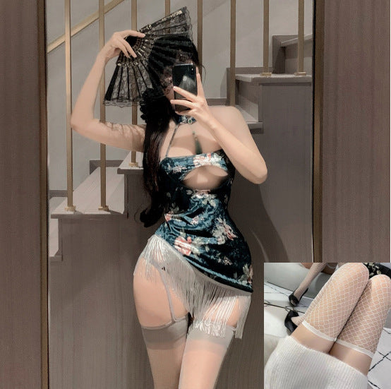 Moonlit Cheongsam Backless Split Bodycon Dress – Elegant Floral Lingerie