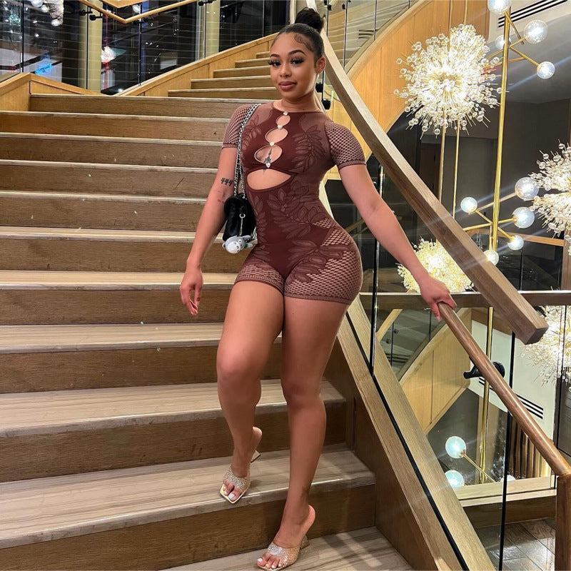 Solid Color Cut-Out Bodycon Knit Romper with Crew Neck and Elbow SleevesSolid Color Cut-Out Bodycon Knit Romper with Crew Neck and Elbow Sleeves