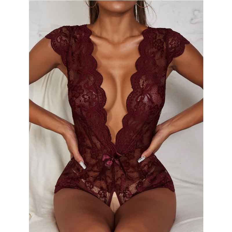 Backless Deep V Lace Trim Cut-Out Lingerie Nightwear