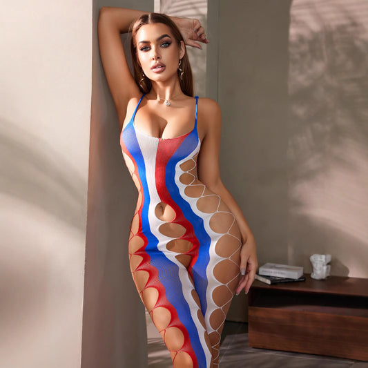 Cut-Out Bodycon Lingerie Bodysuit in Red, White & Blue