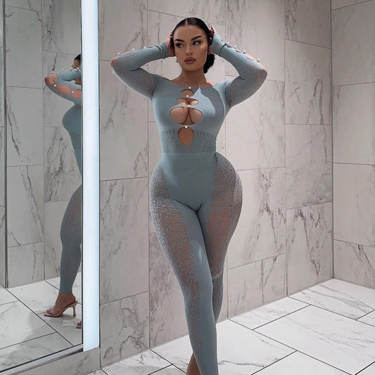 Sexy Leopard Jacquard Bodysuit with Pearl Mesh Design