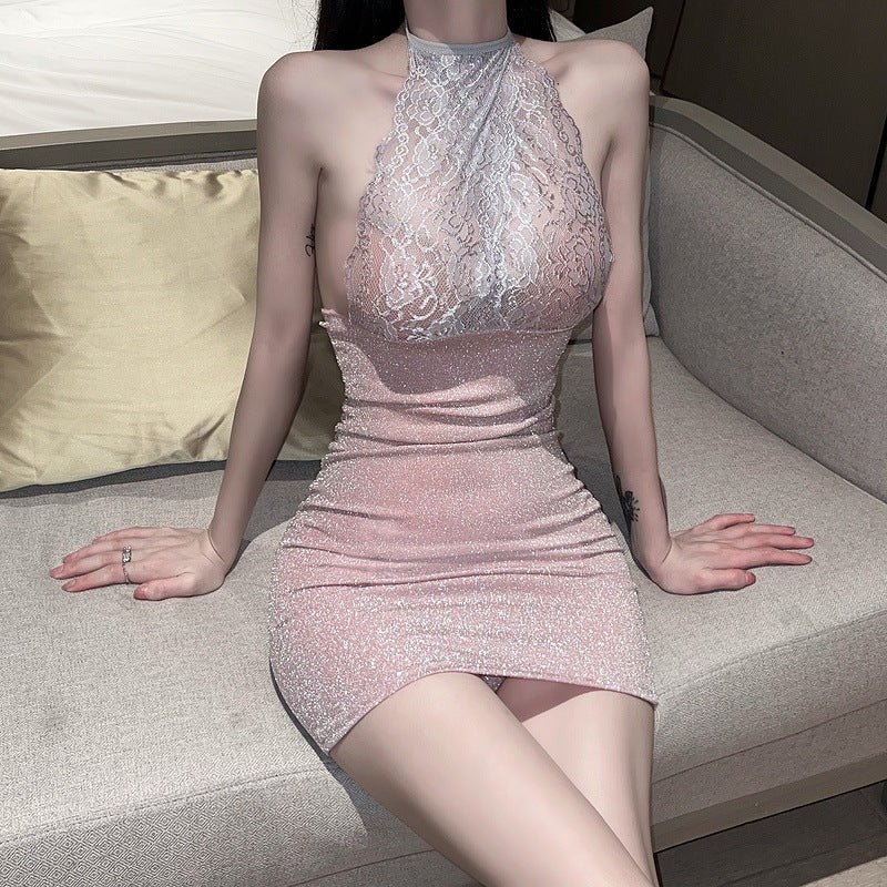 Halter Sequin Lingerie Dress – Shiny Clubwear Secretary Outfit, Sparkling Bodycon Mini Skirt for Women