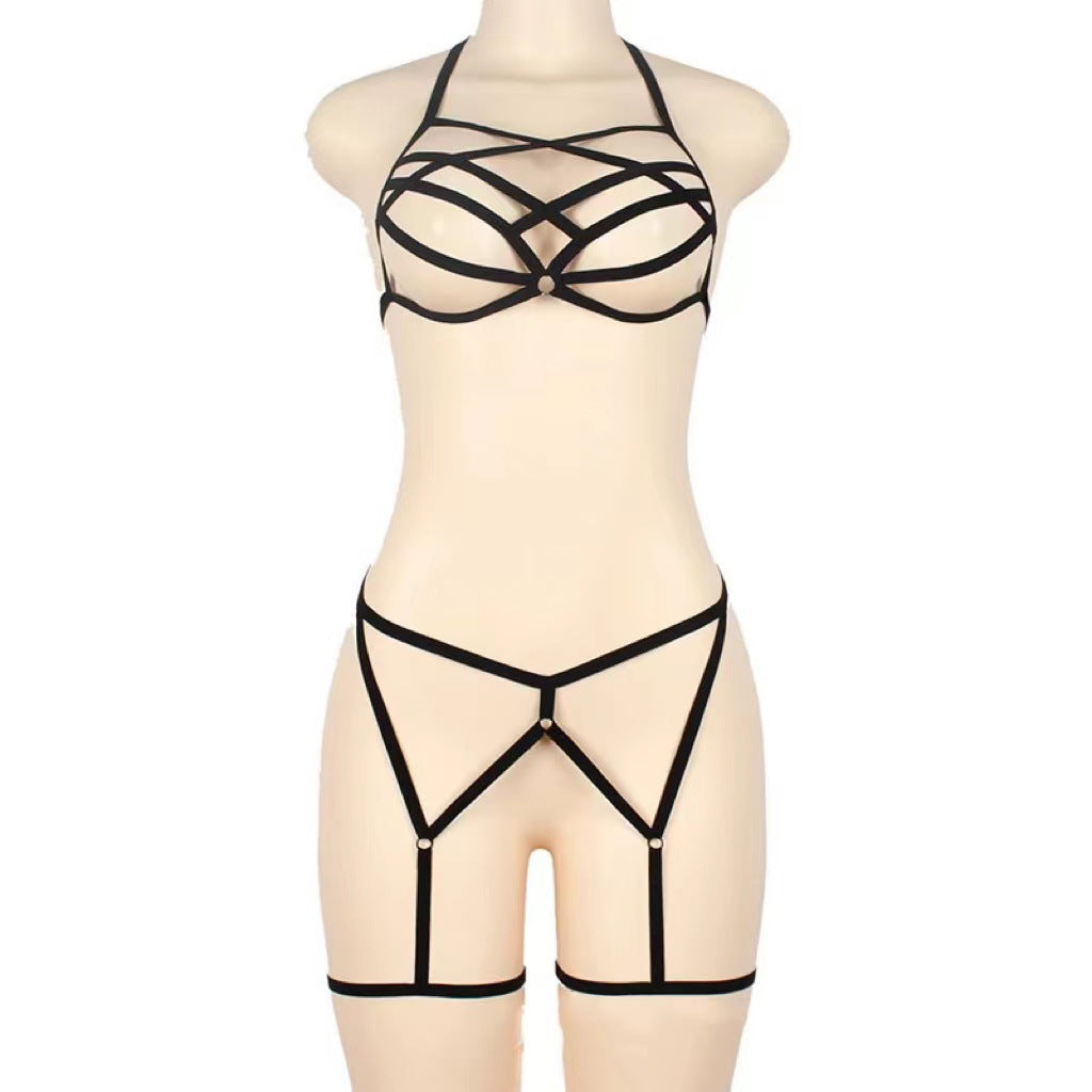Three-Point Lace-Up Bondage Sheer Lingerie Set