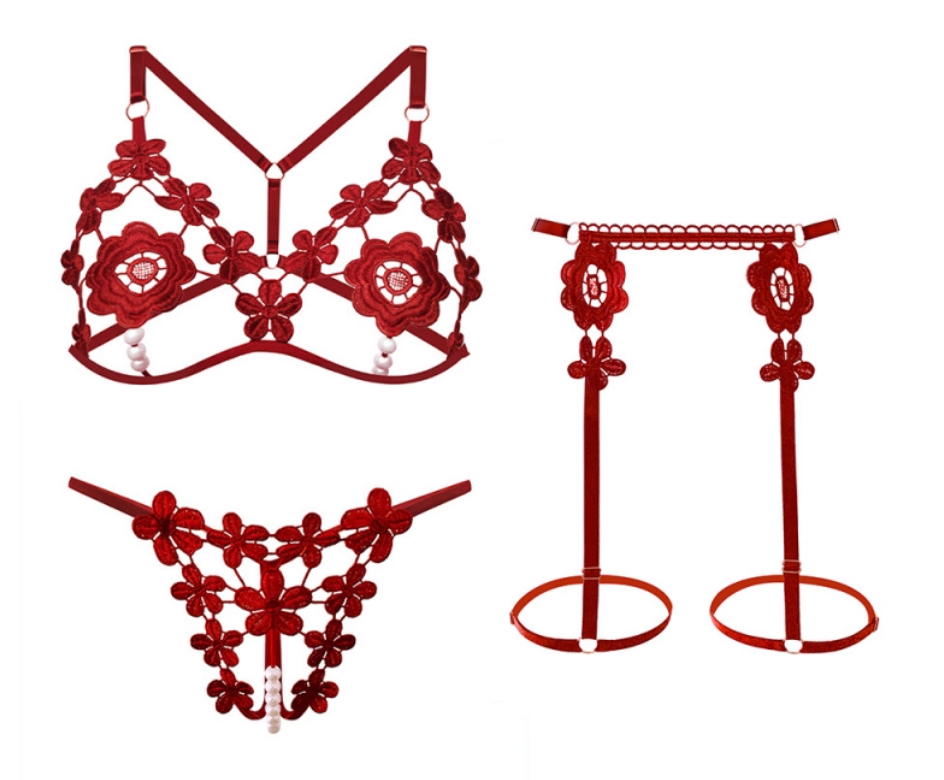 Daisy Pearl Lace Lingerie Set – 3-Piece Bra and Thong Panties with Floral Lace Design