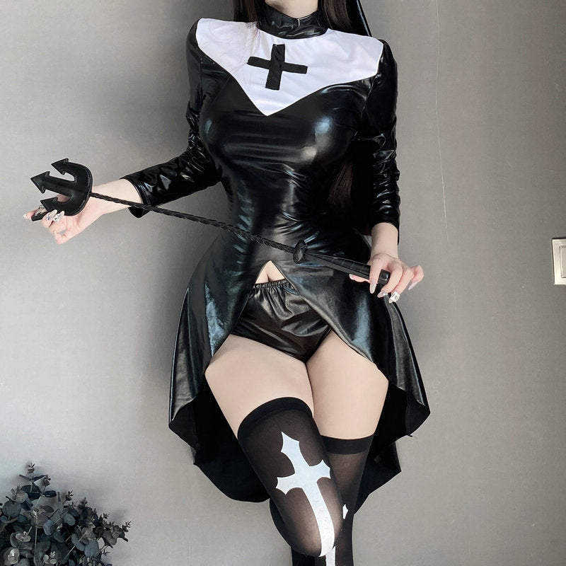 Sexy Patent Leather Halloween Cross Nun Roleplay Lingerie Costume