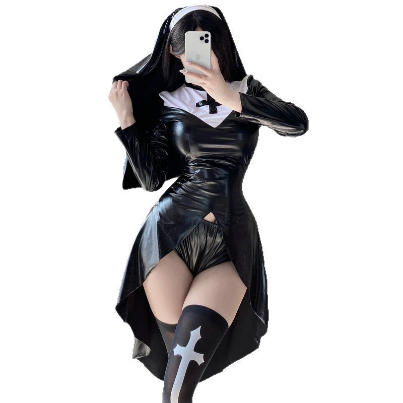 Sexy Patent Leather Halloween Cross Nun Roleplay Lingerie Costume