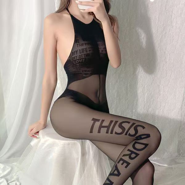Open-Crotch Tear-Away Full-Body Stockings with Lettered Suspender Design