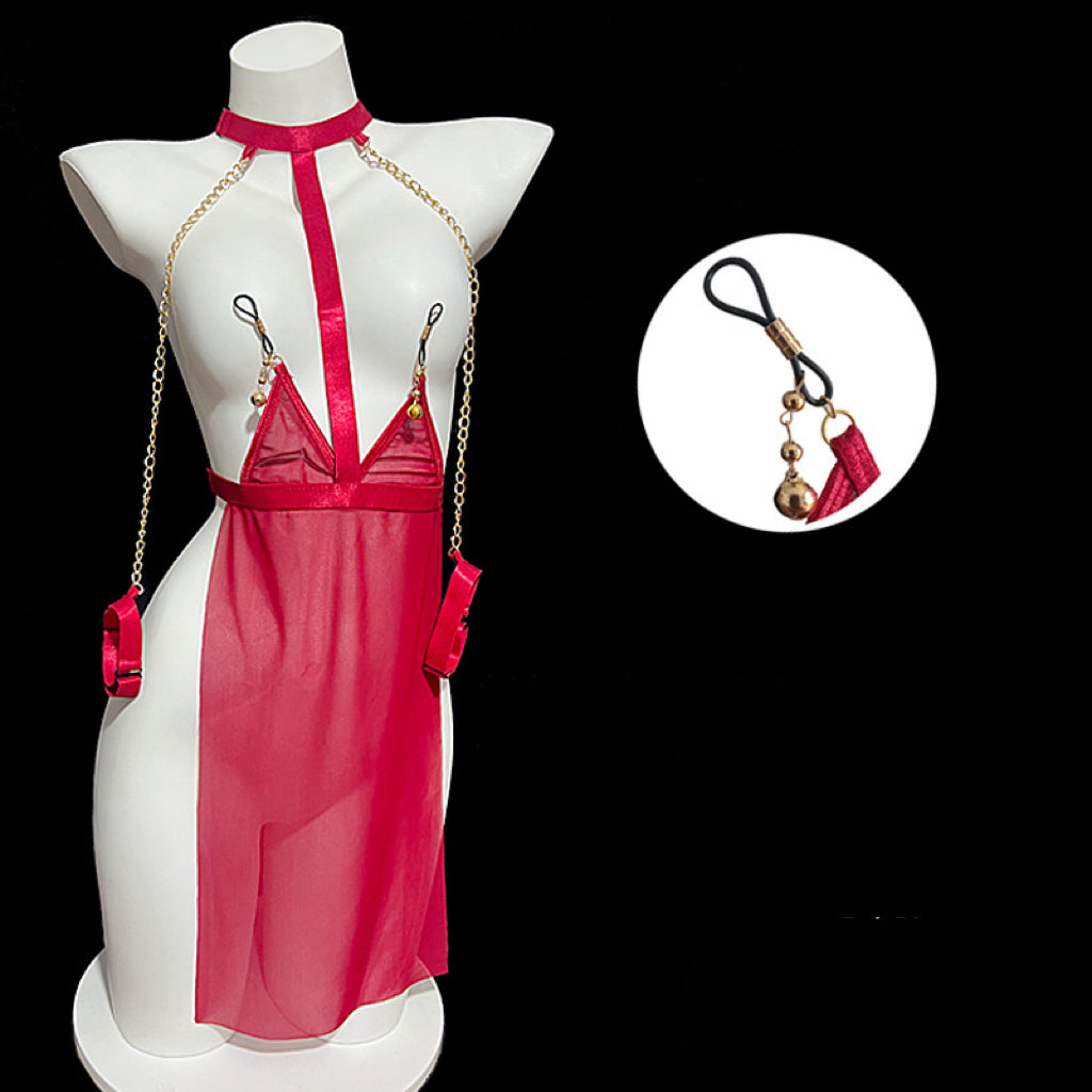 BDSM Lace Lingerie Dress – Nipple Clip Babydoll Nightgown, Plus Size Seductive Roleplay Sleepwear for Couples