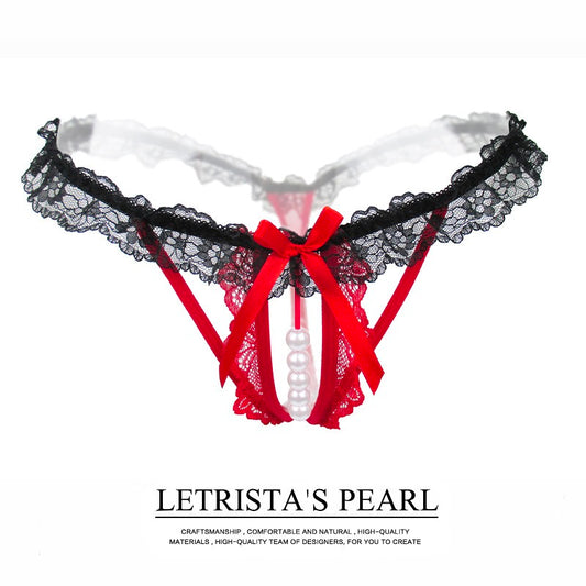 Lace Pearl Thong Panties – Open Crotch Hollow Out G-String Lingerie for Women
