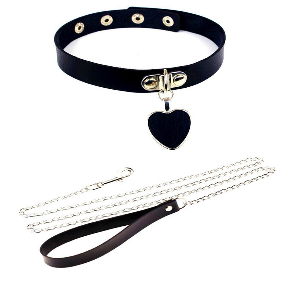 Leather Heart Choker with Chain – Cute Maid Roleplay Collar, Japanese Style BDSM Necklace Accessory