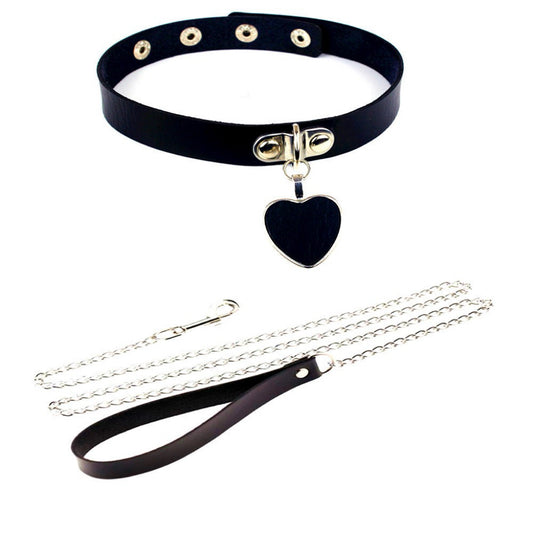 Leather Heart Choker with Chain – Cute Maid Roleplay Collar, Japanese Style BDSM Necklace Accessory